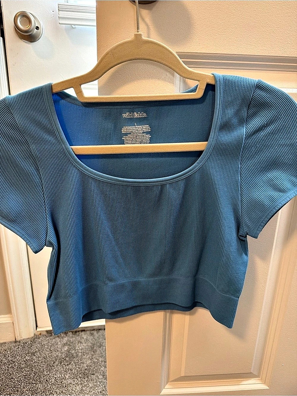 Wild Fable Ribbed Short Sleeve Scoop Neck Crop Top Blue